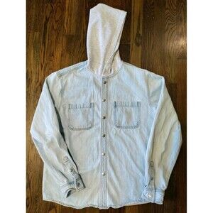 Forever 21 Denim Jacket Hoodie Men's Medium Light Wash Snap Button Closure Blue